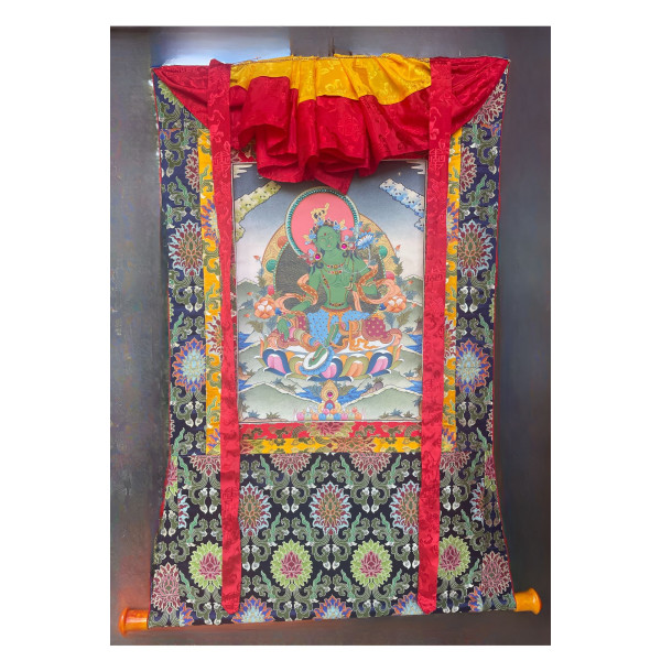 Special Art GREEN TARA THANGKA framed in high quality BROCADE- Painting and Ornaments patch Work - 24X48 INCHES